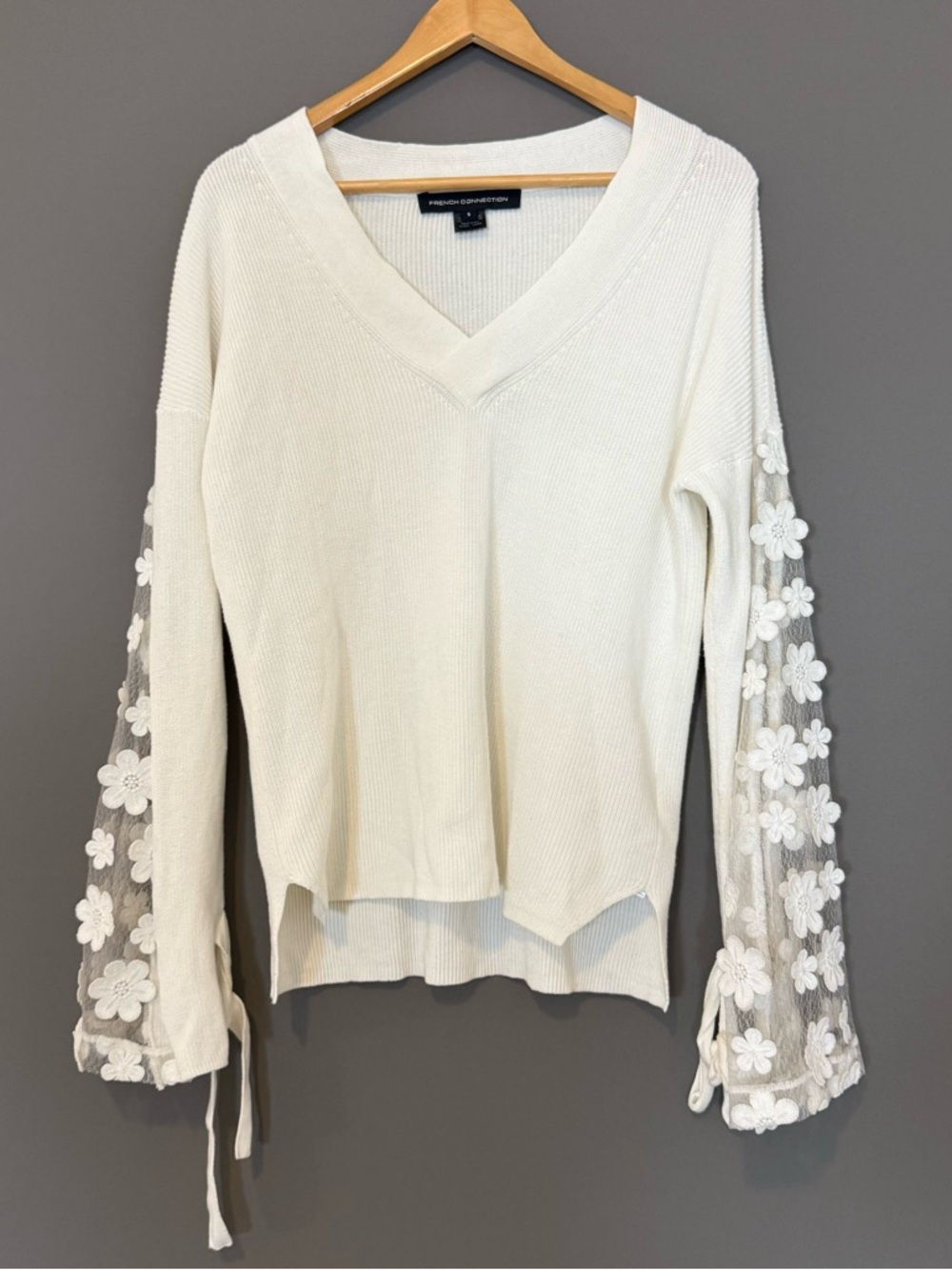 French Connection Caballo Lace Sleeve Sweater Ivory Small Boho Romantic - Picture 2 of 9
